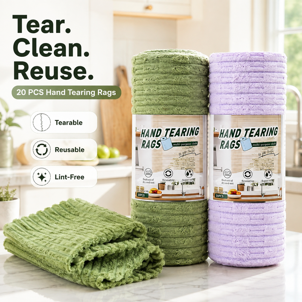 Halemir 20-Pack Tear-Off Reusable Cleaning Cloths – Super Absorbent, Lint-Free & Streak-Free for Kitchen, Glass, Car & More ✨