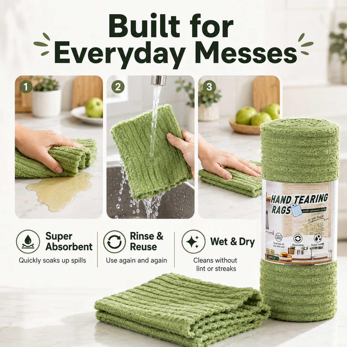 Halemir 20-Pack Tear-Off Reusable Cleaning Cloths – Super Absorbent, Lint-Free & Streak-Free for Kitchen, Glass, Car & More ✨