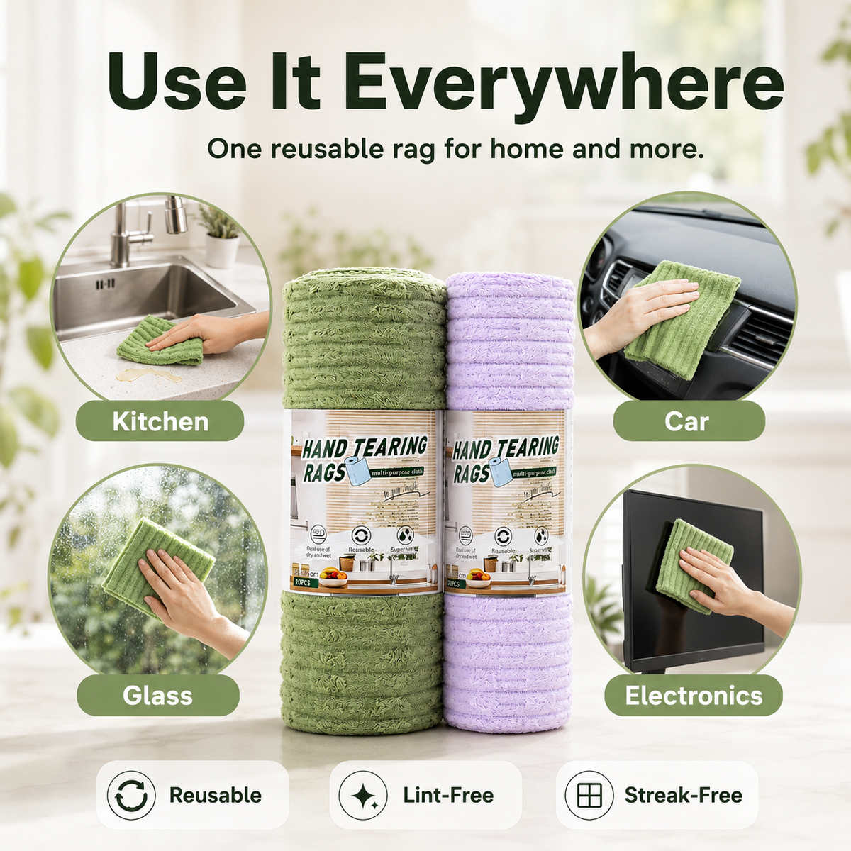 Halemir 20-Pack Tear-Off Reusable Cleaning Cloths – Super Absorbent, Lint-Free & Streak-Free for Kitchen, Glass, Car & More ✨