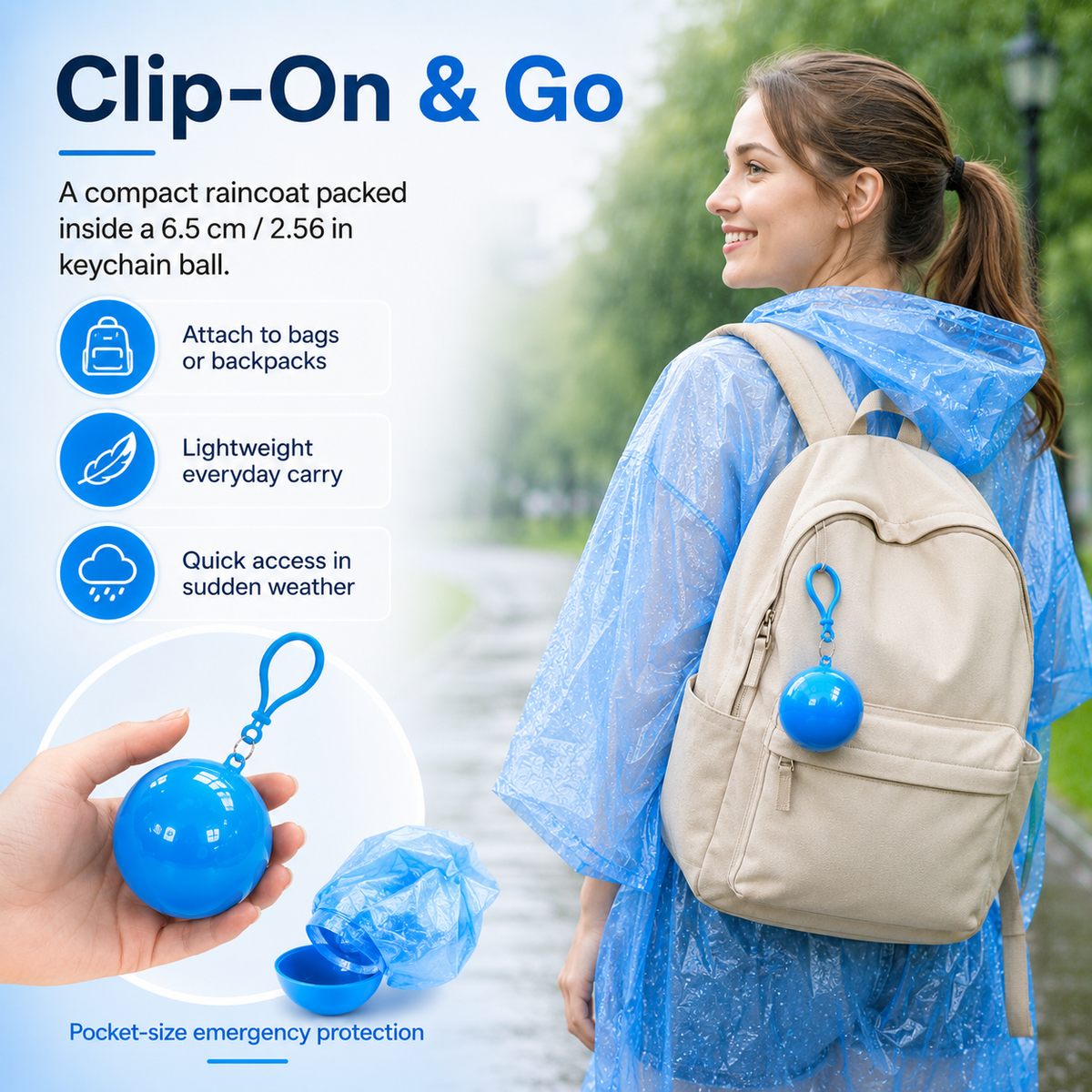Halemir Portable Rain Poncho Ball – Waterproof Hooded Raincoat with Clip-On Case