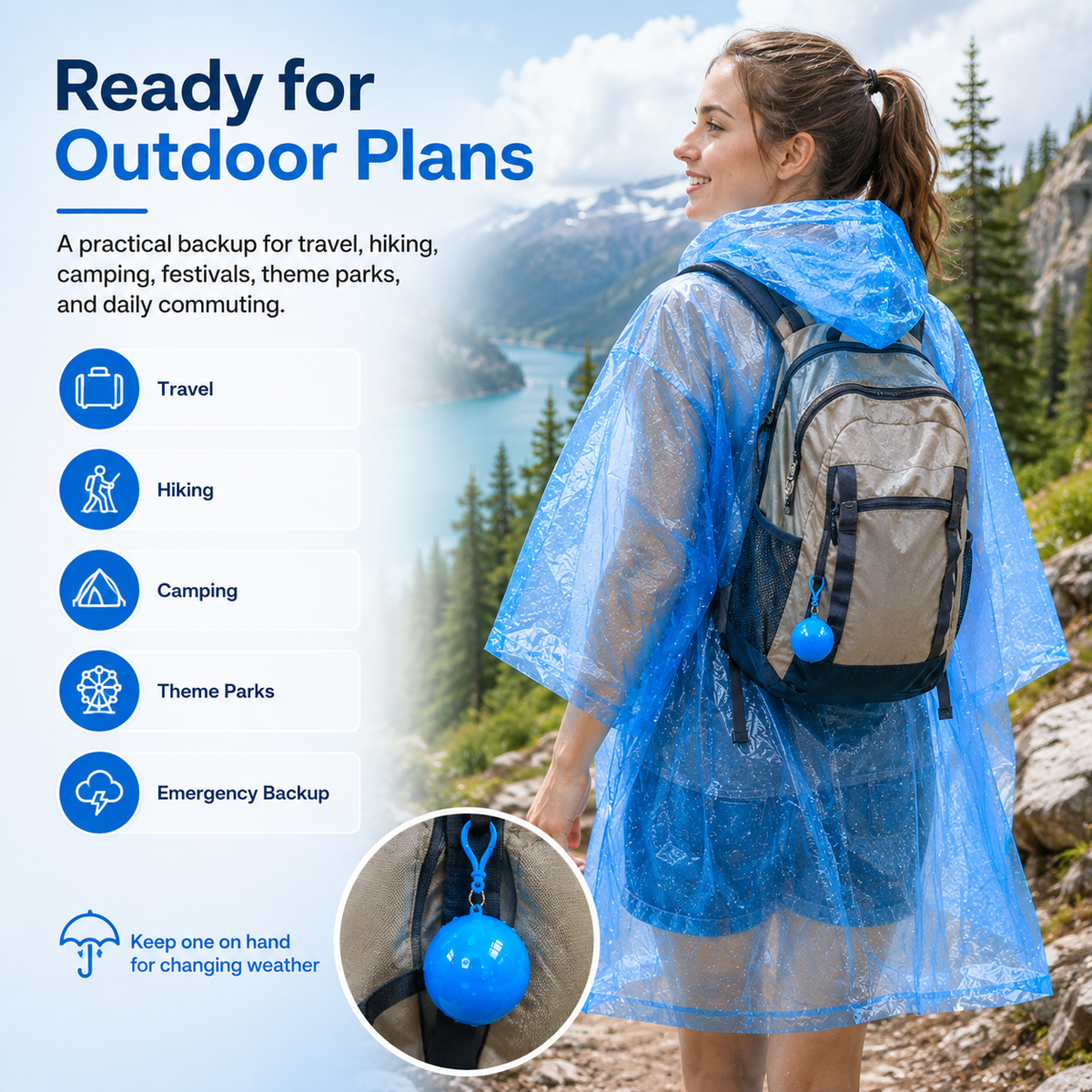 Halemir Portable Rain Poncho Ball – Waterproof Hooded Raincoat with Clip-On Case